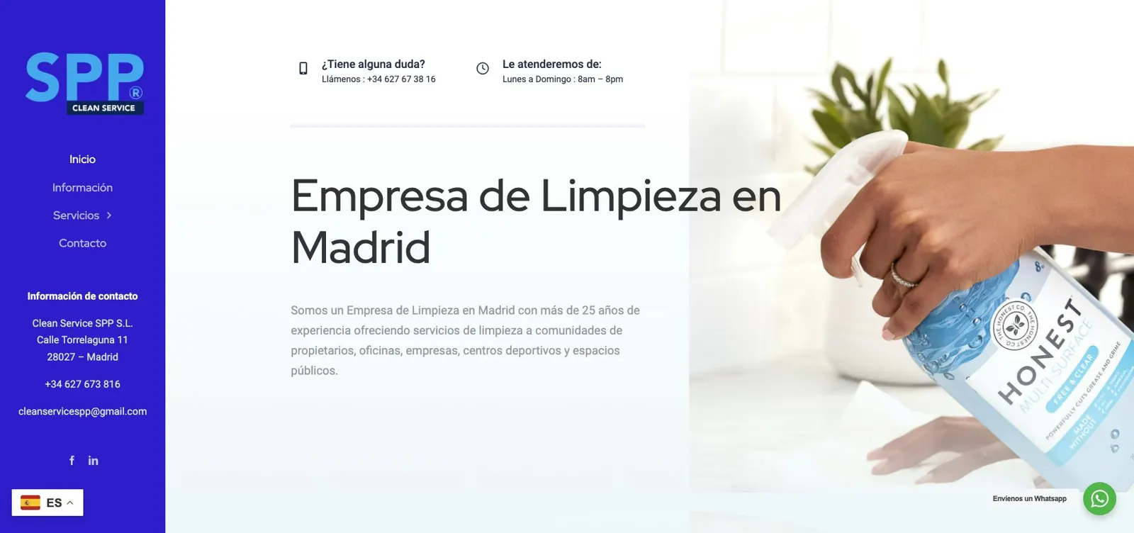 Captura de la web actual de Clean Service SPP en octubre de 2026