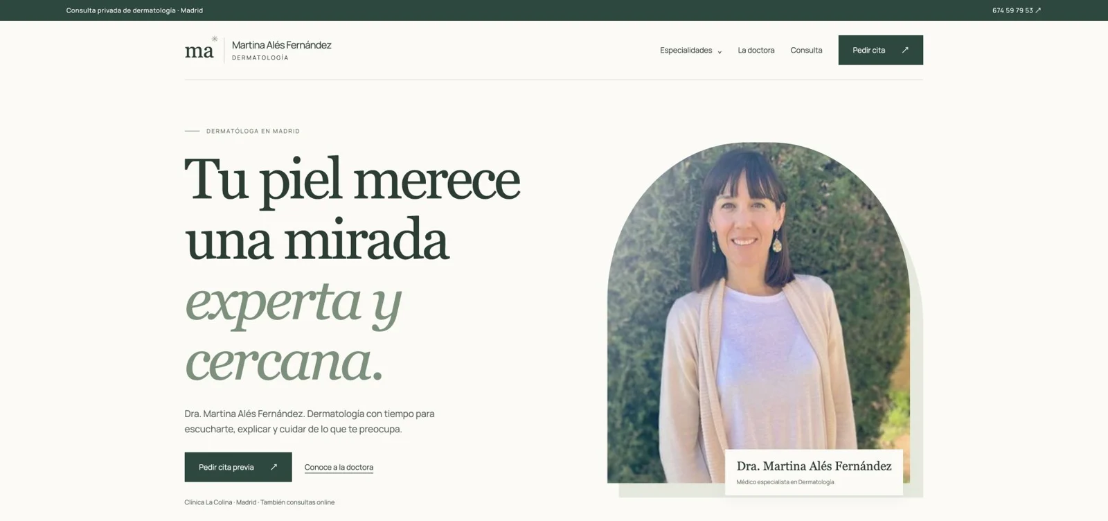 Captura de la web de Dra. Martina Alés · Dermatólogo en Madrid en octubre de 2026