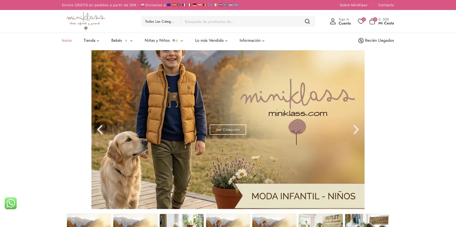 Captura de la web de MiniKlass · Moda Infantil y Juvenil en octubre de 2026